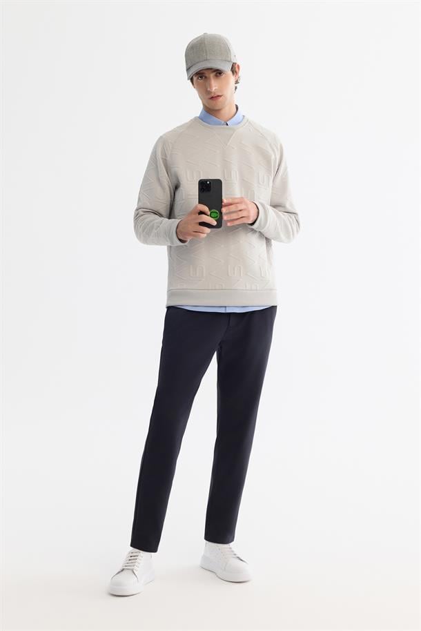 Gri Bisiklet Yaka Baskılı Elastan Sweatshirt