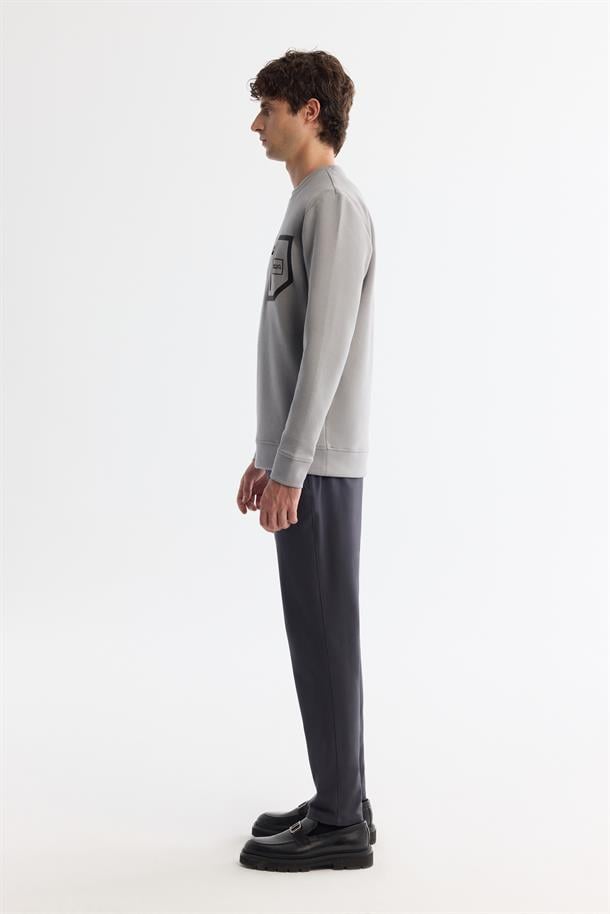 Gri Bisiklet Yaka Pamuklu Baskılı Elastan Sweatshirt