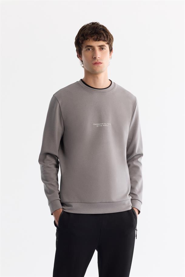 Gri Bisiklet Yaka Pamuklu Baskılı Elastan Sweatshirt