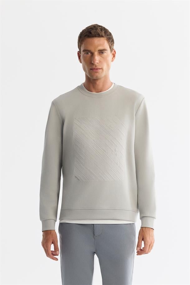 Gri Bisiklet Yaka Pamuklu Baskılı Elastan Sweatshirt