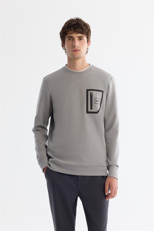Gri Bisiklet Yaka Pamuklu Baskılı Elastan Sweatshirt