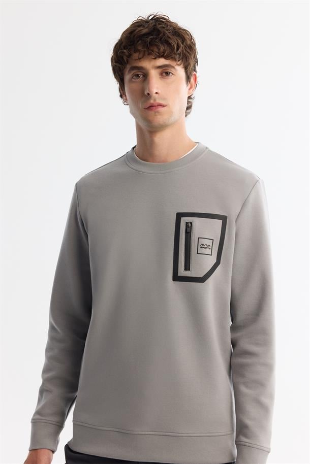 Gri Bisiklet Yaka Pamuklu Baskılı Elastan Sweatshirt