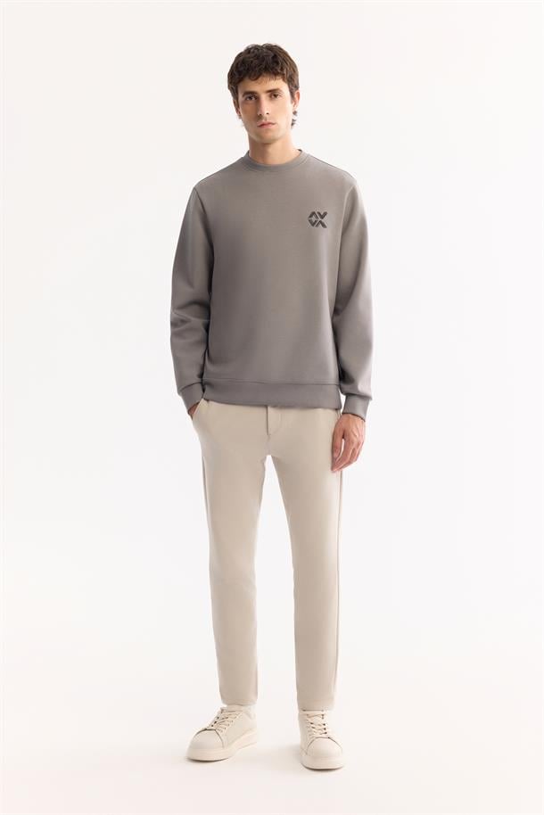 Gri Bisiklet Yaka Kolay Ütülenen Bi-Stretch Basic Sweatshirt