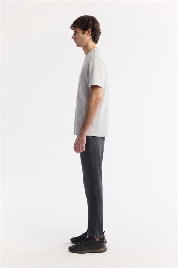 Gri Bisiklet Yaka Baskılı Bi-Stretch İnterlok T-Shirt