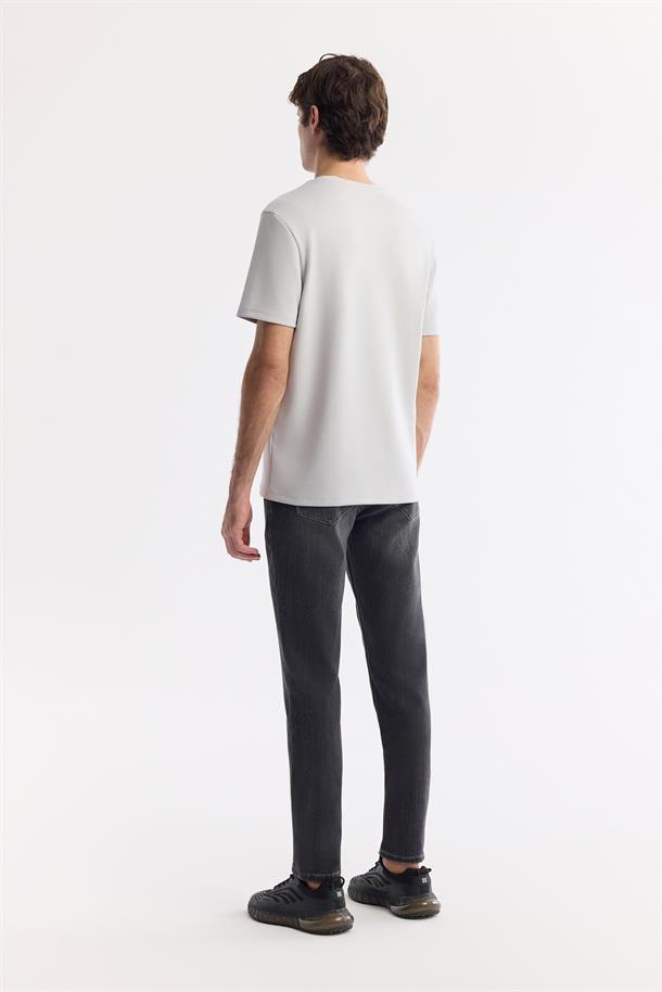 Gri Bisiklet Yaka Baskılı Bi-Stretch İnterlok T-Shirt