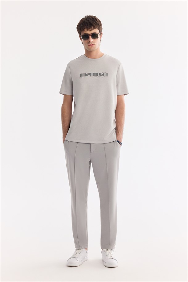Gri Bisiklet Yaka Baskılı İnterlok T-Shirt