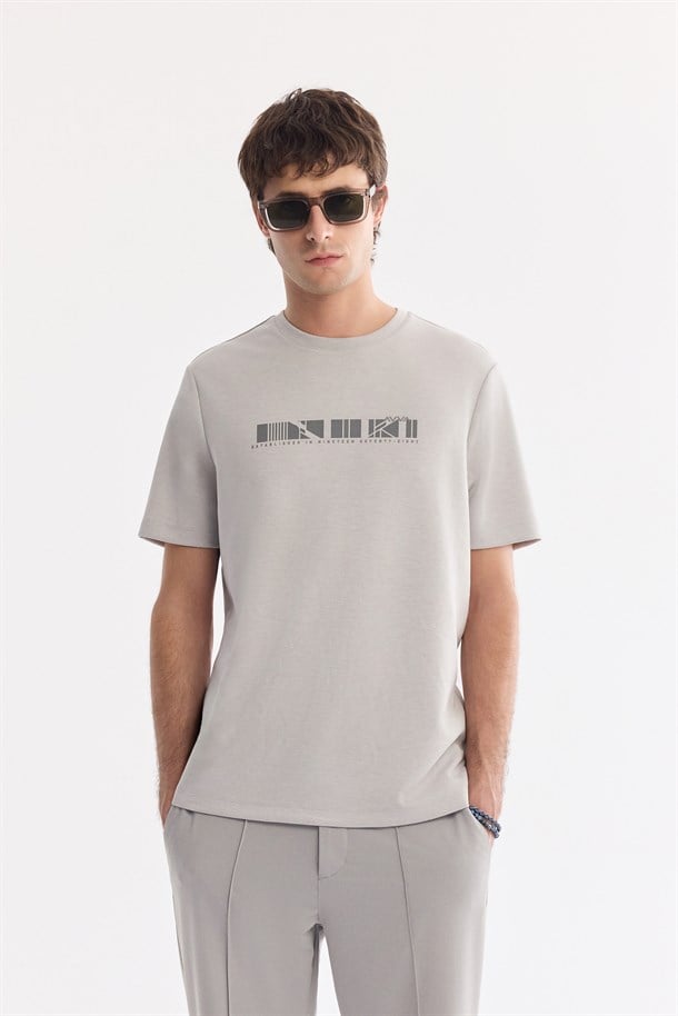 Gri Bisiklet Yaka Baskılı İnterlok T-Shirt