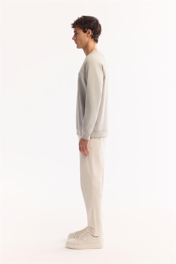 Gri Bisiklet Yaka Kolay Ütülenen Bi-Stretch Baskılı Sweatshirt