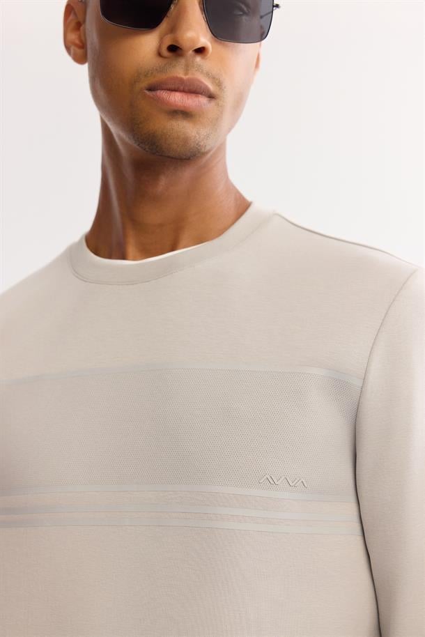 Gri Bisiklet Yaka Kolay Ütülenen Bi-Stretch Baskılı Sweatshirt