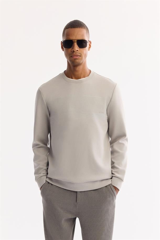 Gri Bisiklet Yaka Kolay Ütülenen Bi-Stretch Baskılı Sweatshirt