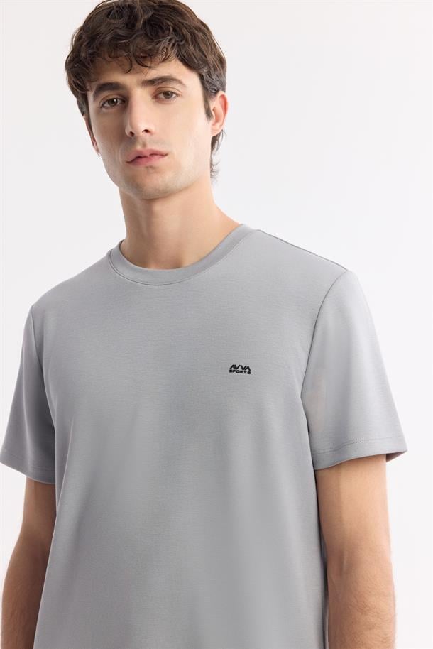 Gri Bisiklet Yaka Bi-Stretch Baskılı T-Shirt