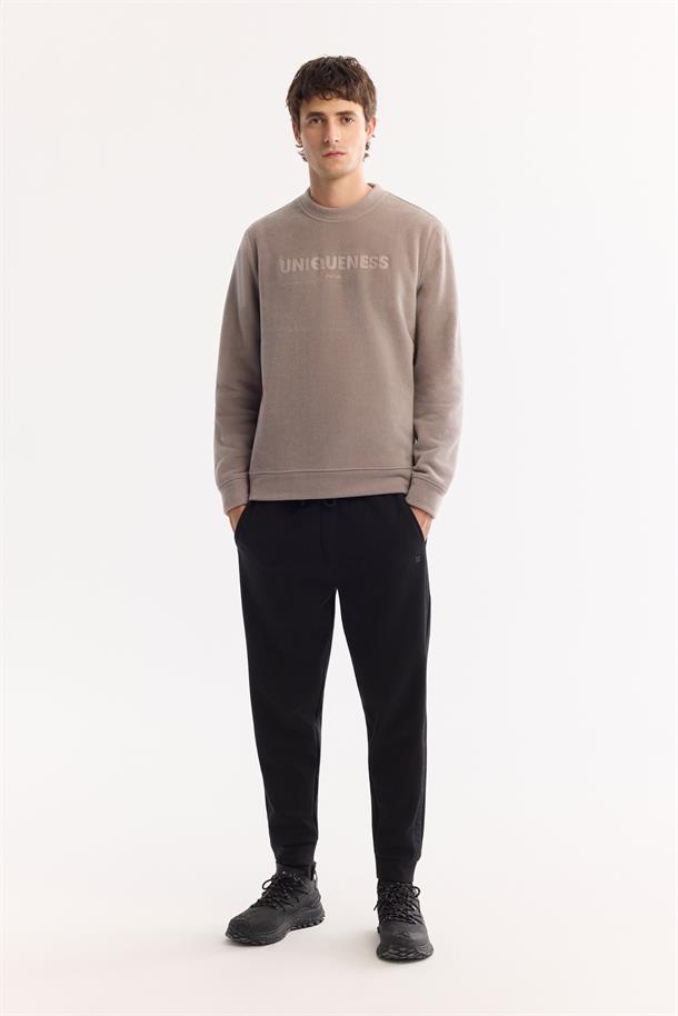 Gri Bisiklet Yaka Soft Touch Baskılı Polar Sweatshirt