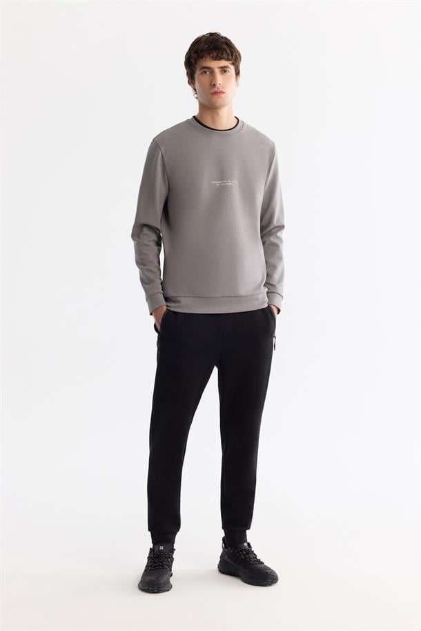 Gri Bisiklet Yaka Pamuklu Baskılı Elastan Sweatshirt