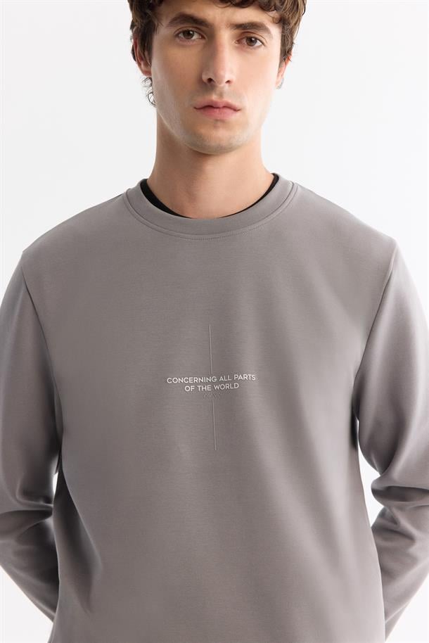 Gri Bisiklet Yaka Pamuklu Baskılı Elastan Sweatshirt