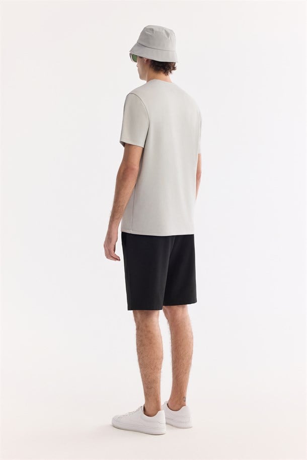 Gri Bisiklet Yaka Baskılı İnterlok T-Shirt