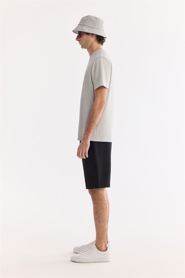 Gri Bisiklet Yaka Baskılı İnterlok T-Shirt