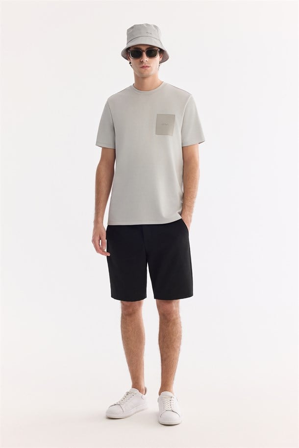 Gri Bisiklet Yaka Baskılı İnterlok T-Shirt