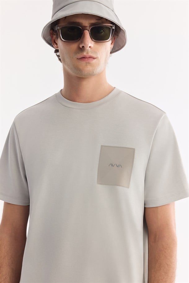 Gri Bisiklet Yaka Baskılı İnterlok T-Shirt