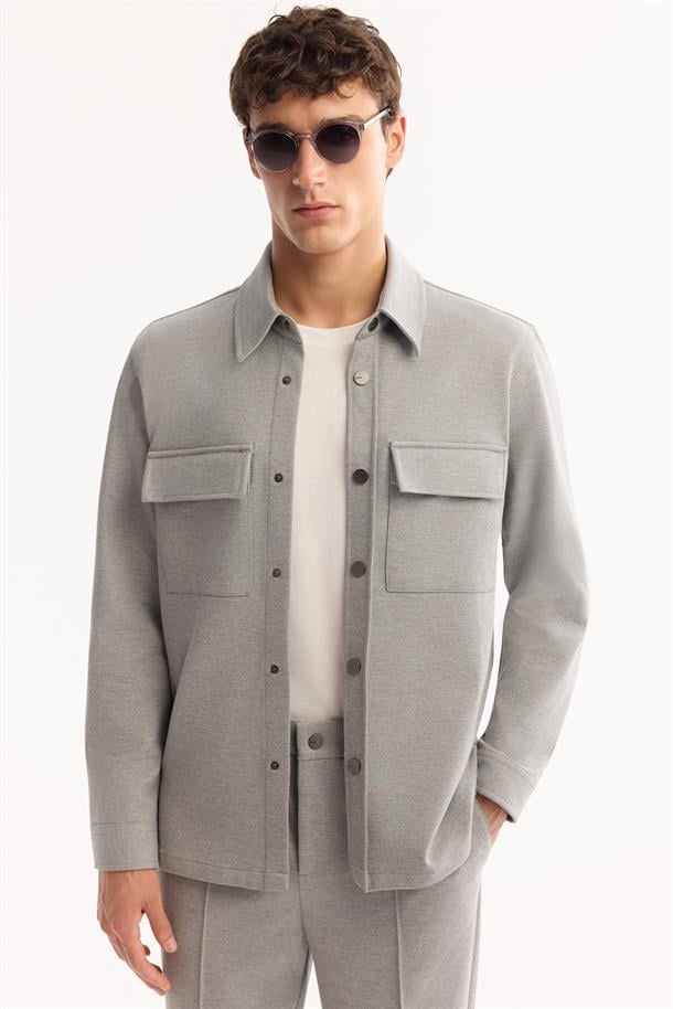 Grey Classic Collar Cotton Shirt Jacket