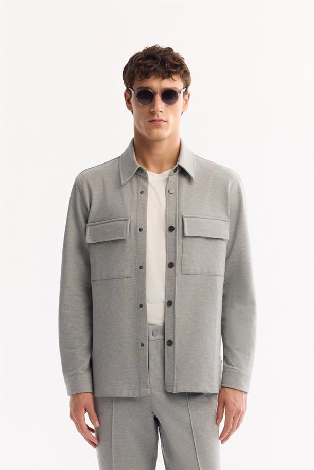 Grey Classic Collar Cotton Shirt Jacket