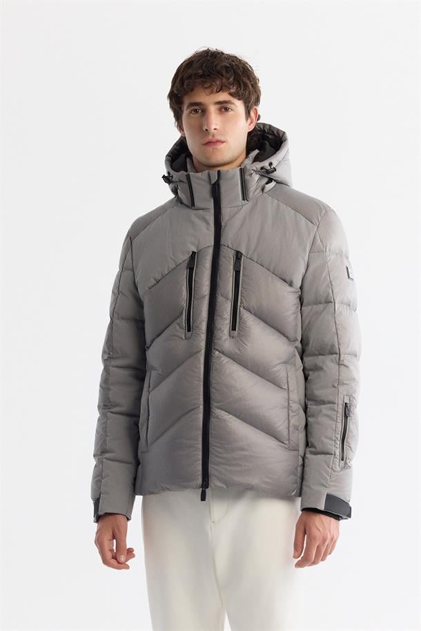 Grey Windproof Detachable Hooded Goose Down Jacket