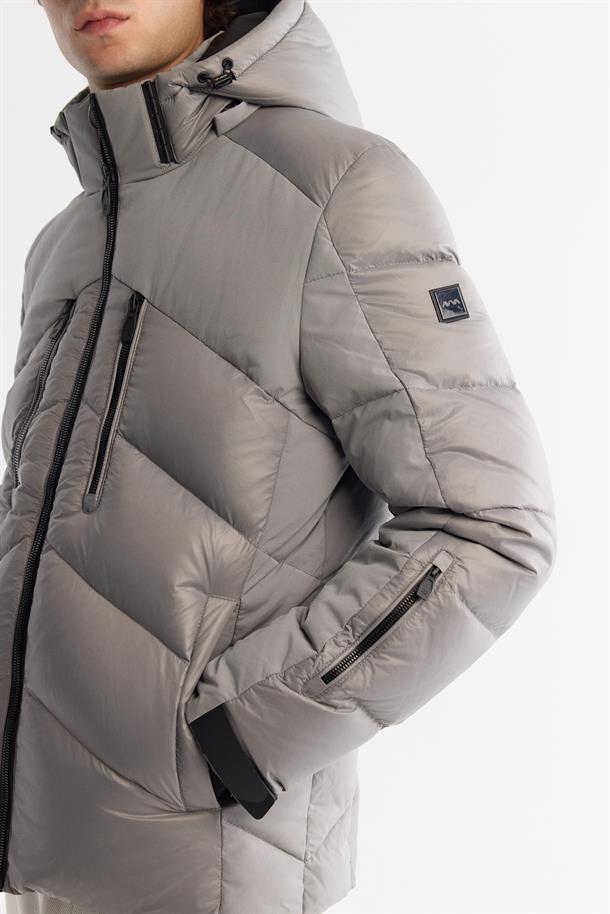 Grey Windproof Detachable Hooded Goose Down Jacket