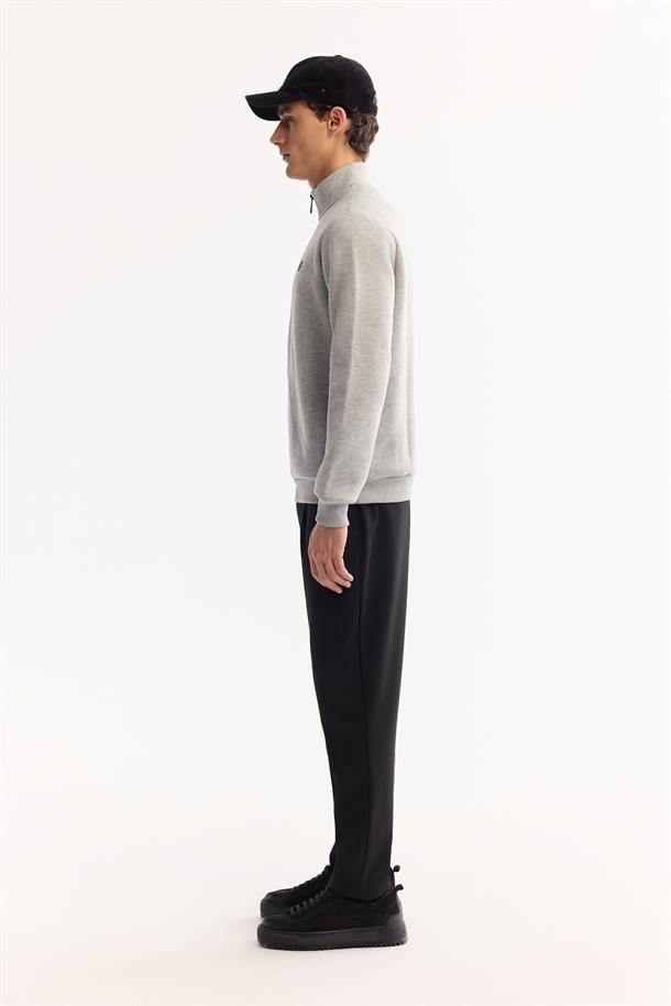Gri Dik Yaka Fermuarlı 3 İplik Şardonlu Sweatshirt