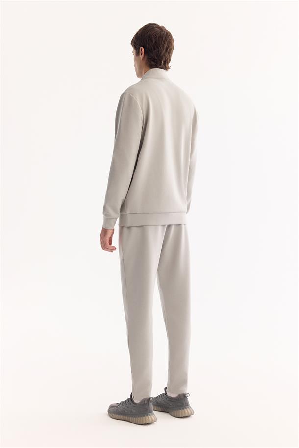 Gri Dik Yaka Fermuarlı Kolay Ütülenen Bi-Stretch Sweatshirt