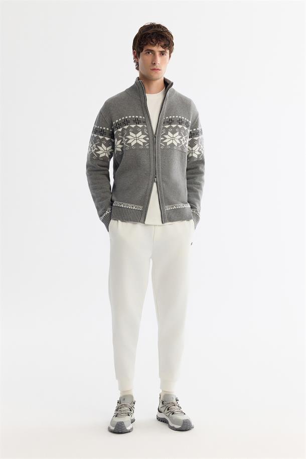 Gri Dik Yaka Fermuarlı Desenli Triko Hırka