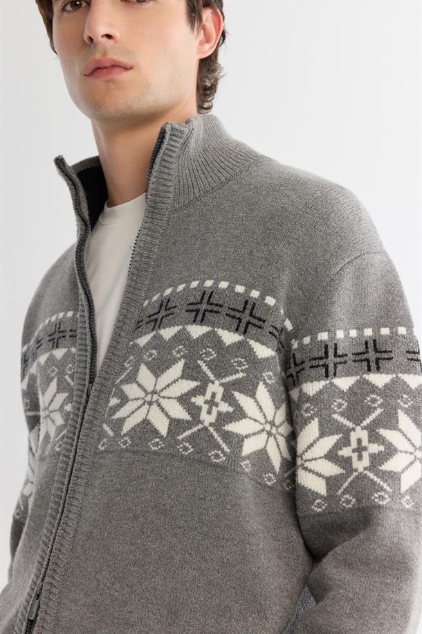 Gri Dik Yaka Fermuarlı Desenli Triko Hırka