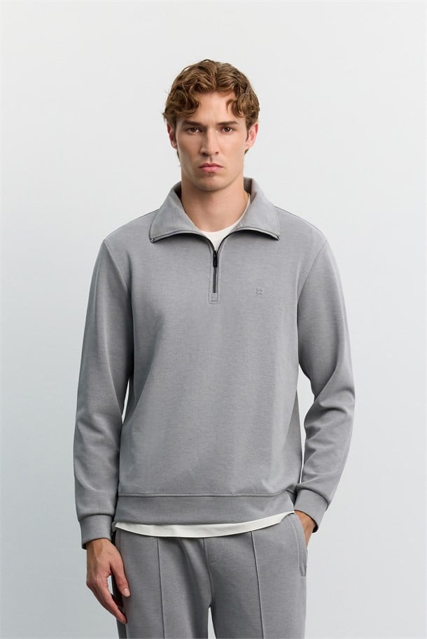 Gri Dik Yaka Fermuarlı Modal Karışımlı Soft Touch Sweatshirt