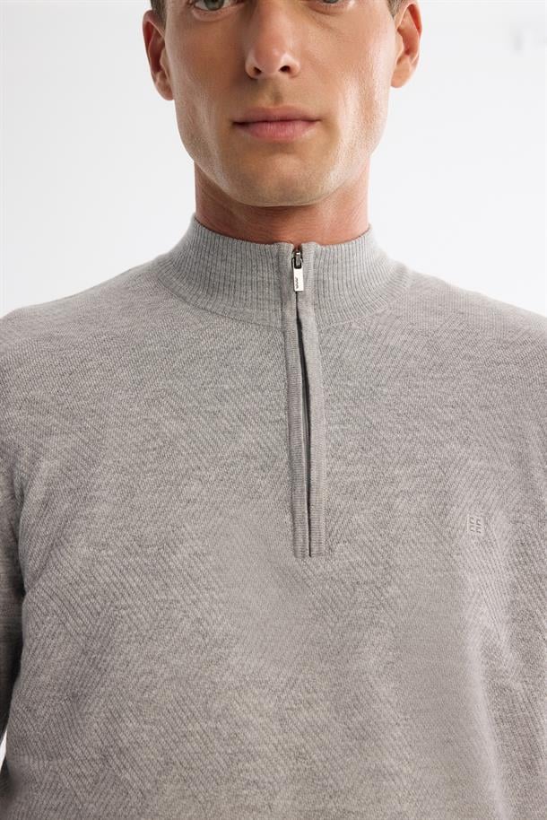 Gri Fermuarlı Dik Yaka Soft Touch Triko Kazak