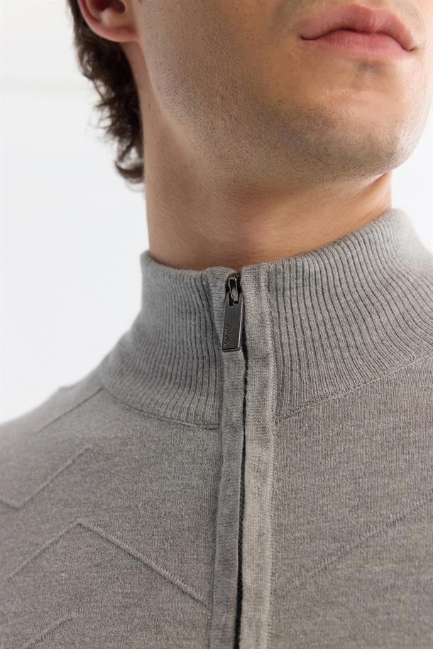 Gri Dik Yaka Fermuarlı Önü Desenli Soft Touch Triko Hırka