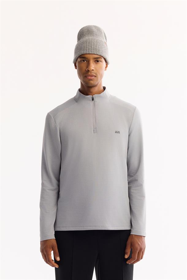Gri Dik Yaka Fermuarlı Bi-Stretch Sweatshirt