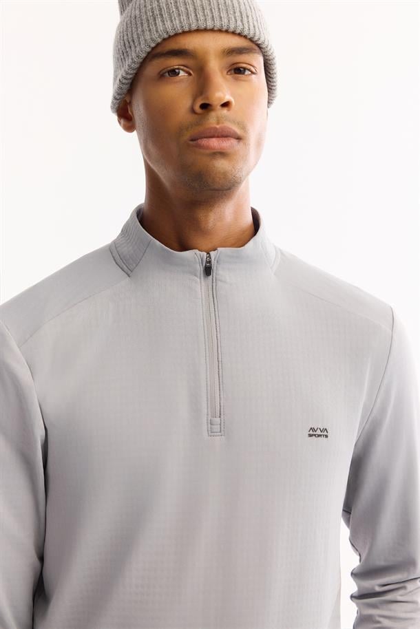 Gri Dik Yaka Fermuarlı Bi-Stretch Sweatshirt