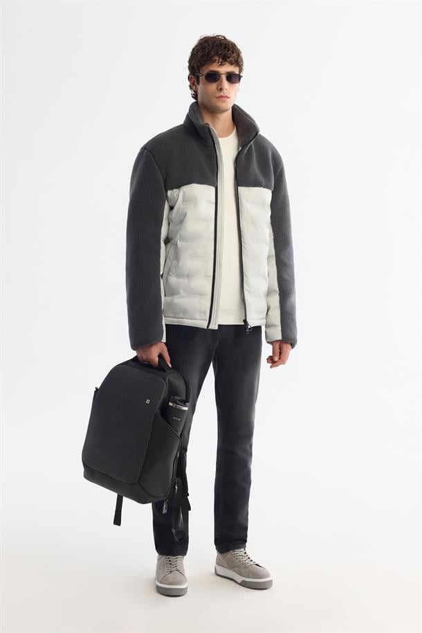 Gri Dik Yaka Su İtici Rüzgar Geçirmez Elyaf Şişme Peluş Mont