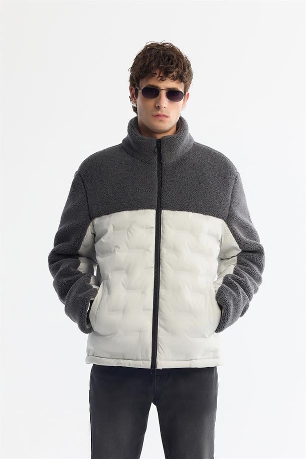 Gri Dik Yaka Su İtici Rüzgar Geçirmez Elyaf Şişme Peluş Mont