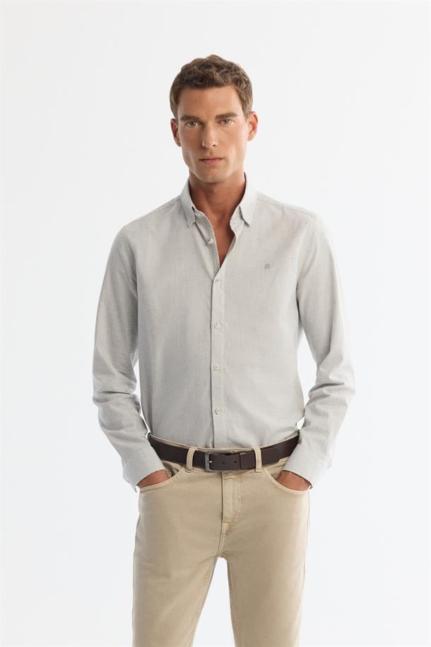 Gri Düğmeli Yaka %100 Pamuk Flanel Gömlek