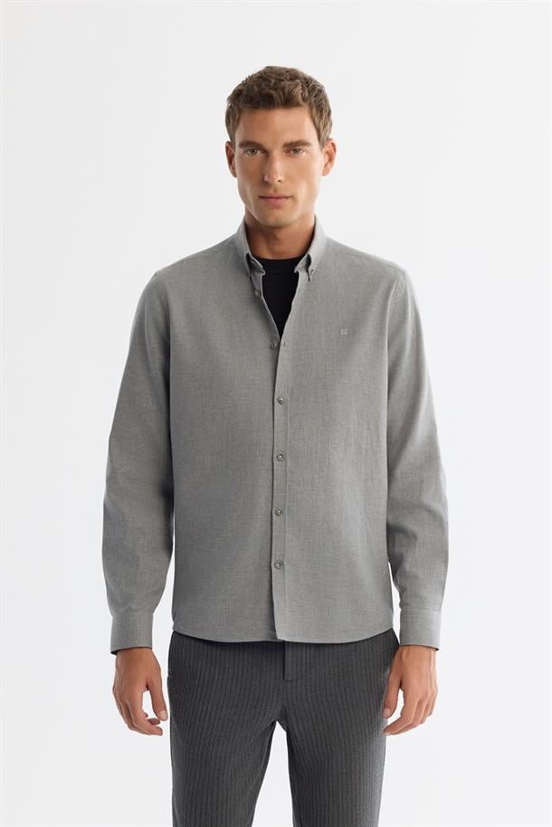 Gri Düğmeli Yaka %100 Pamuk Gömlek