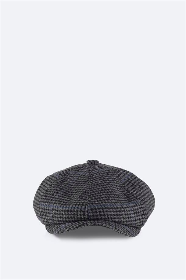 Gri Yün Karışımlı Ekoseli Kasket Şapka