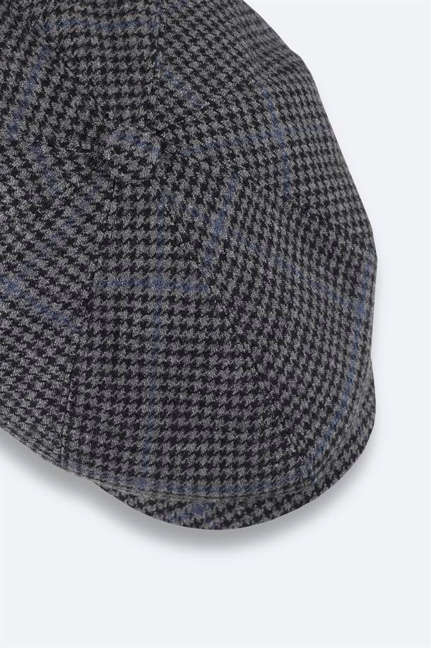 Gri Yün Karışımlı Ekoseli Kasket Şapka