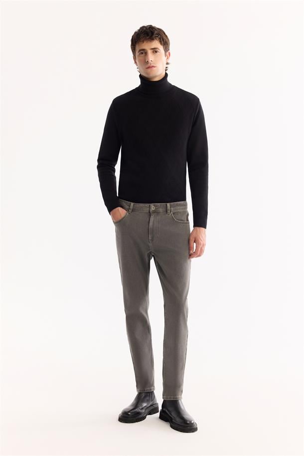 Gri Klasik Bel Pamuklu Eskitme Yıkamalı Jean Pantolon