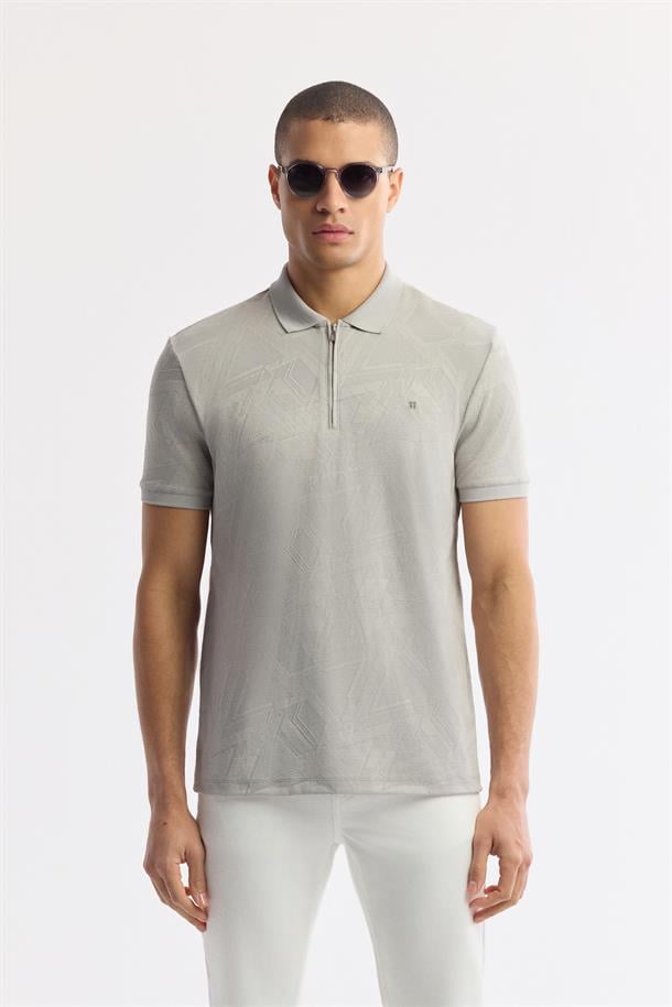 Gri Polo Yaka Jakarlı Elastan T-Shirt