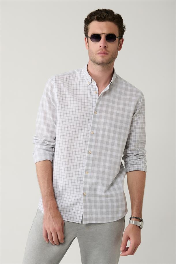 Gri Ekose Parçalı Keten Karışımlı Gömlek