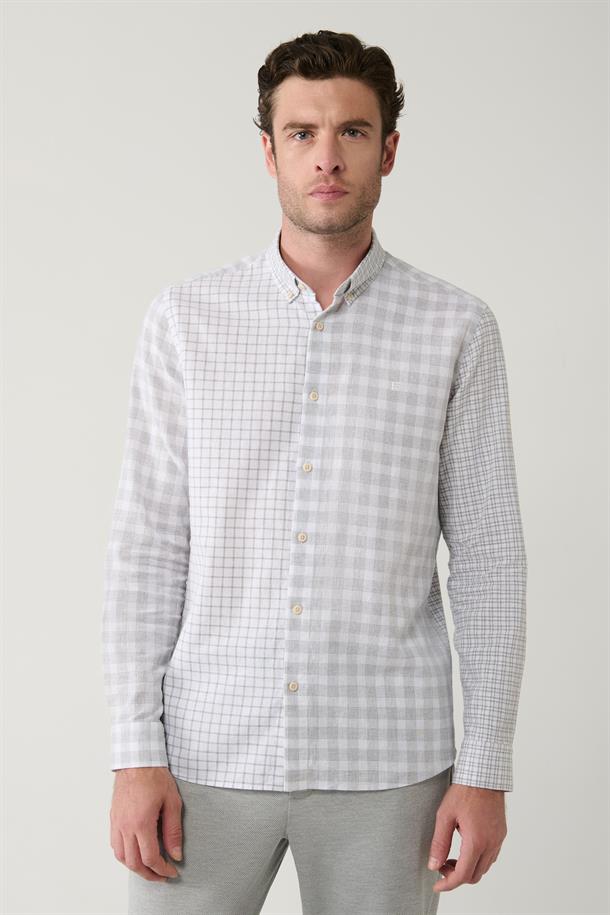 Gri Ekose Parçalı Keten Karışımlı Gömlek