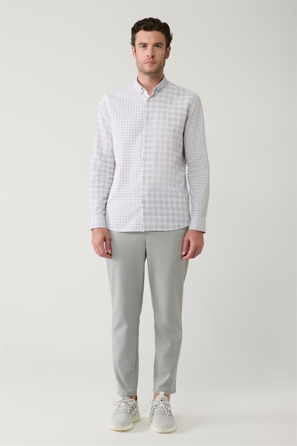 Gri Ekose Parçalı Keten Karışımlı Gömlek