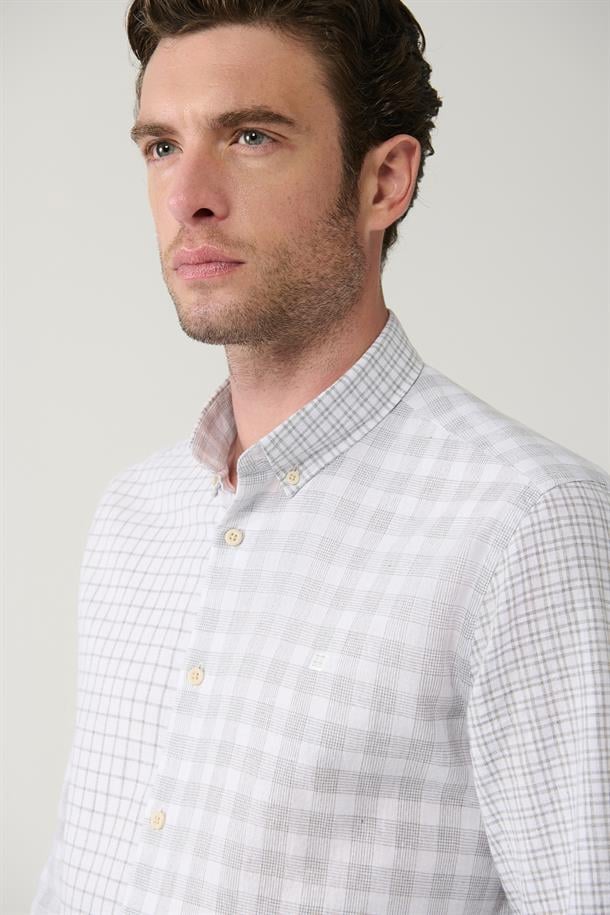 Gri Ekose Parçalı Keten Karışımlı Gömlek