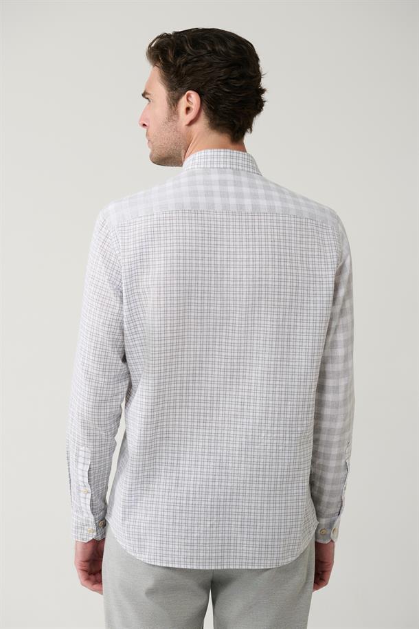 Gri Ekose Parçalı Keten Karışımlı Gömlek