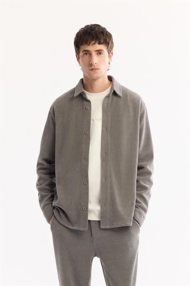 Grey Classic Collar Corduroy Shirt Jacket