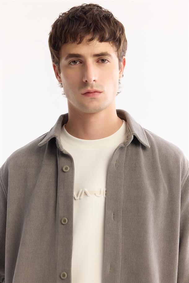 Grey Classic Collar Corduroy Shirt Jacket